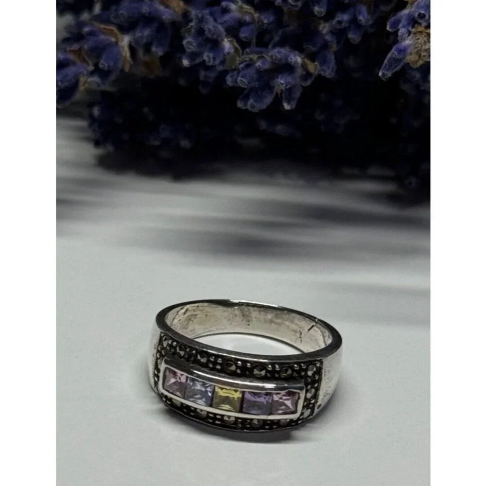 VINTAGE 925 STERLING SILVER TOURMALINES & MARCASITE RING SIZE 8